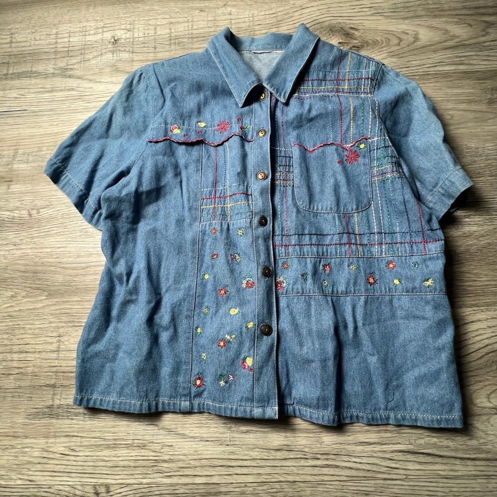 Unbranded Denim Button Down Mens‎ L Blue Floral Embroidered Western Short Sleeve